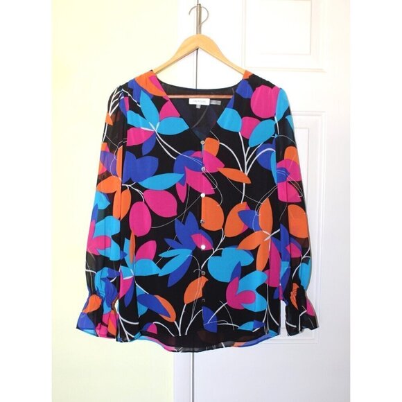Calvin Klein Multicolor Women Blouse Long sleeve Size S/M Floral print Button - Picture 1 of 10
